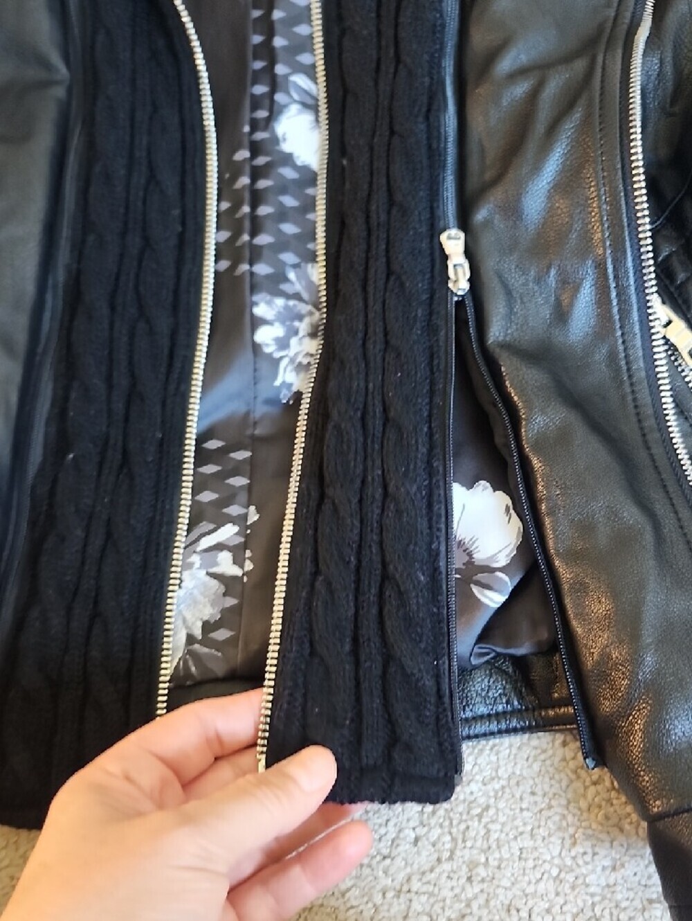 Guess Black Faux Leather Hooded Jacket with Quilted Panels - Picture 5 of 13